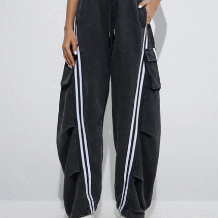 Black Stripe Printed High-Rise Denim Track Pants